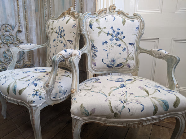 Antique FRENCH LOUIS Shabby Chic Painted Grey Carved Floral LINEN Hall Boudoir Chair