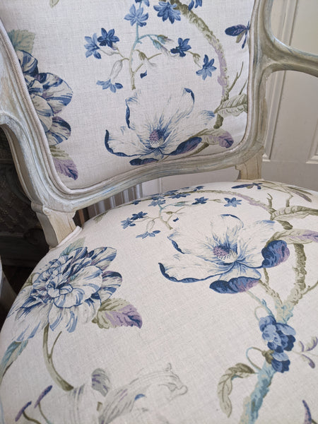 Antique FRENCH LOUIS Shabby Chic Painted Grey Carved Floral LINEN Hall Boudoir Chair