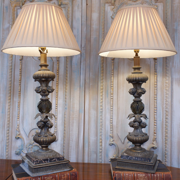 Pair of Antique Tall FRENCH Ornate Smoked Glass Marble & Spelter Table Lamps