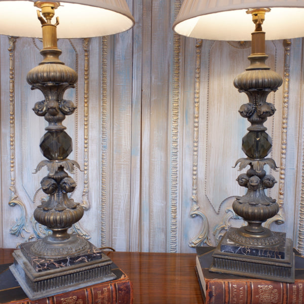 Pair of Antique Tall FRENCH Ornate Smoked Glass Marble & Spelter Table Lamps