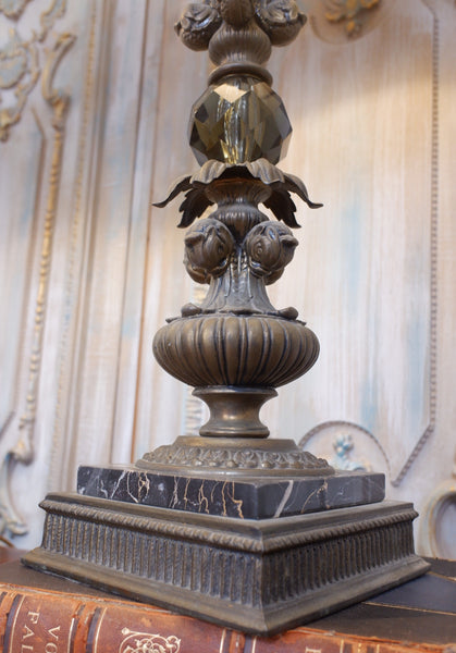 Pair of Antique Tall FRENCH Ornate Smoked Glass Marble & Spelter Table Lamps