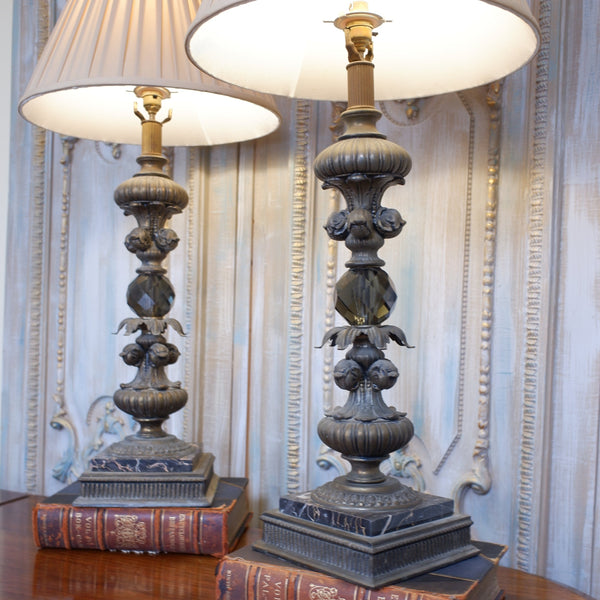 Pair of Antique Tall FRENCH Ornate Smoked Glass Marble & Spelter Table Lamps