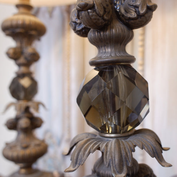 Pair of Antique Tall FRENCH Ornate Smoked Glass Marble & Spelter Table Lamps