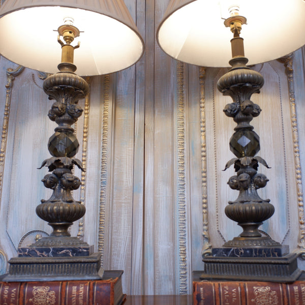 Pair of Antique Tall FRENCH Ornate Smoked Glass Marble & Spelter Table Lamps