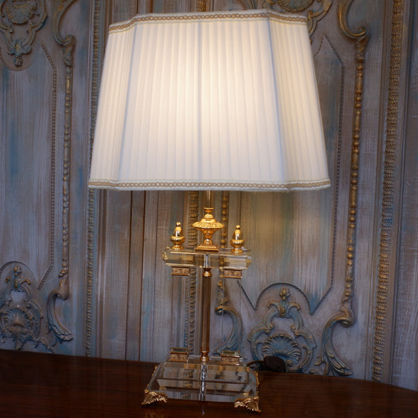 Antique FRENCH Lead Crystal Glass & 22 Carat Gold Column Table Lamp