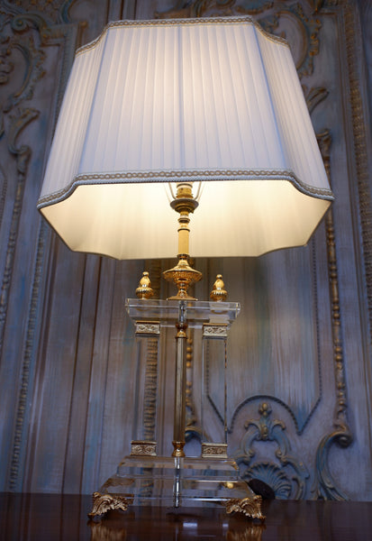 Antique FRENCH Lead Crystal Glass & 22 Carat Gold Column Table Lamp