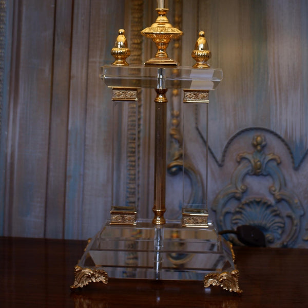 Antique FRENCH Lead Crystal Glass & 22 Carat Gold Column Table Lamp