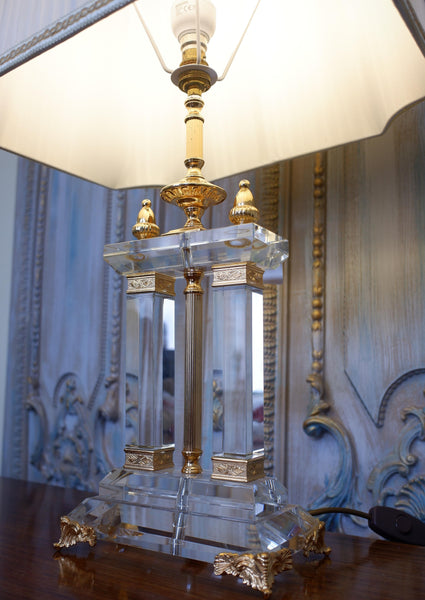 Antique FRENCH Lead Crystal Glass & 22 Carat Gold Column Table Lamp