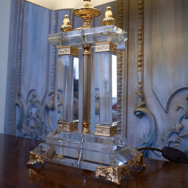 Antique FRENCH Lead Crystal Glass & 22 Carat Gold Column Table Lamp