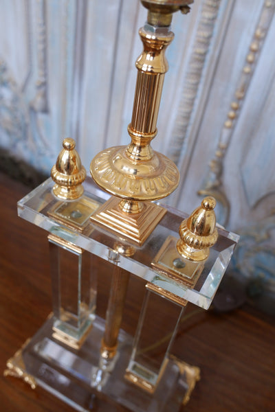 Antique FRENCH Lead Crystal Glass & 22 Carat Gold Column Table Lamp