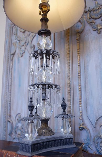 Antique Tall FRENCH Crystal Glass Lustre METAL Column Table Lamp