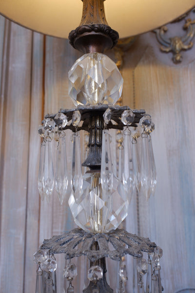 Antique Tall FRENCH Crystal Glass Lustre METAL Column Table Lamp