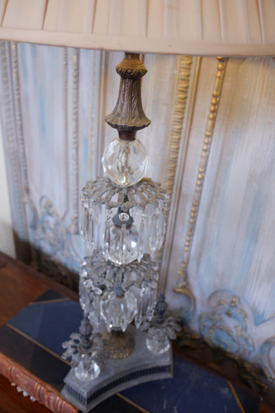 Antique Tall FRENCH Crystal Glass Lustre METAL Column Table Lamp