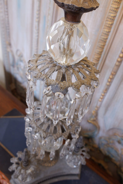 Antique Tall FRENCH Crystal Glass Lustre METAL Column Table Lamp