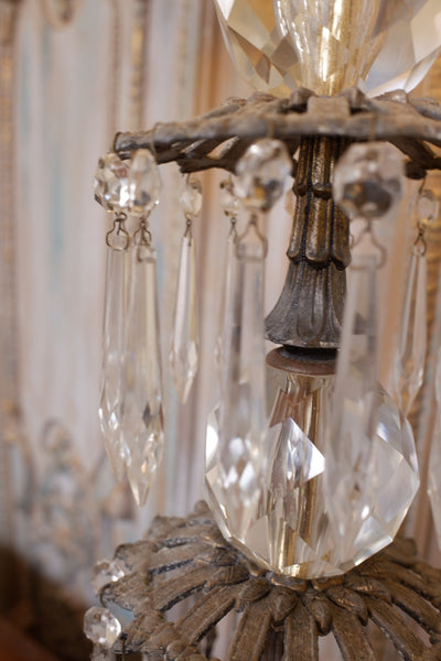 Antique Tall FRENCH Crystal Glass Lustre METAL Column Table Lamp