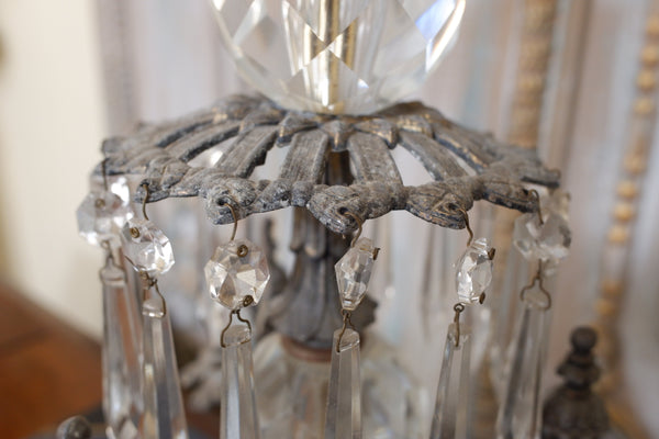 Antique Tall FRENCH Crystal Glass Lustre METAL Column Table Lamp