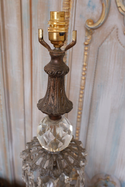 Antique Tall FRENCH Crystal Glass Lustre METAL Column Table Lamp