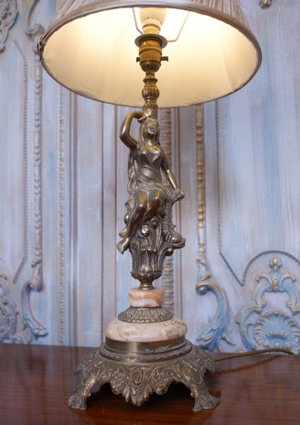 Vintage FRENCH Ornate Marble & Gold Spelter Lady Figurine Table Lamp