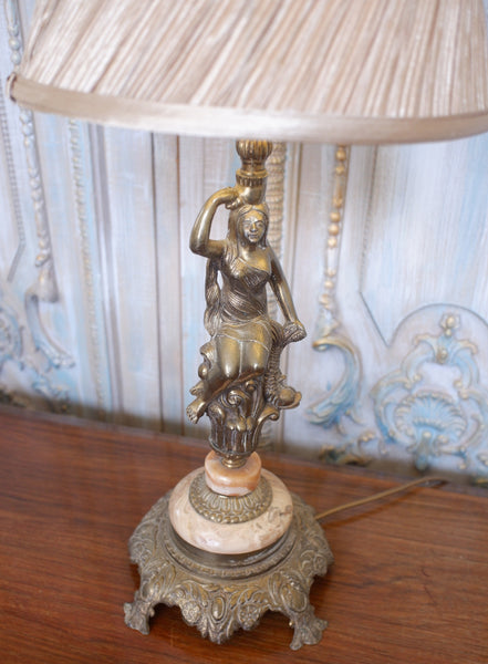 Vintage FRENCH Ornate Marble & Gold Spelter Lady Figurine Table Lamp