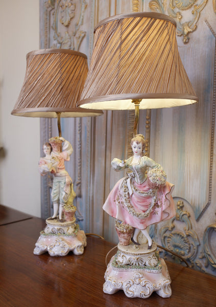 Pair of Vintage Louis XV PORCELAIN China Italian Ornate Figures Table Lamps