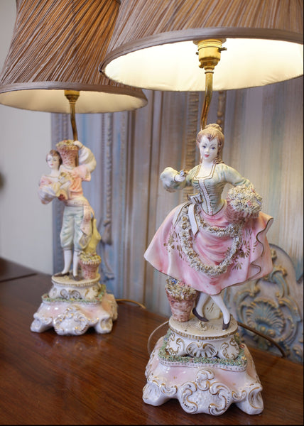 Pair of Vintage Louis XV PORCELAIN China Italian Ornate Figures Table Lamps