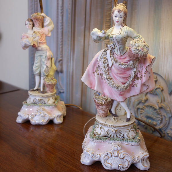 Pair of Vintage Louis XV PORCELAIN China Italian Ornate Figures Table Lamps