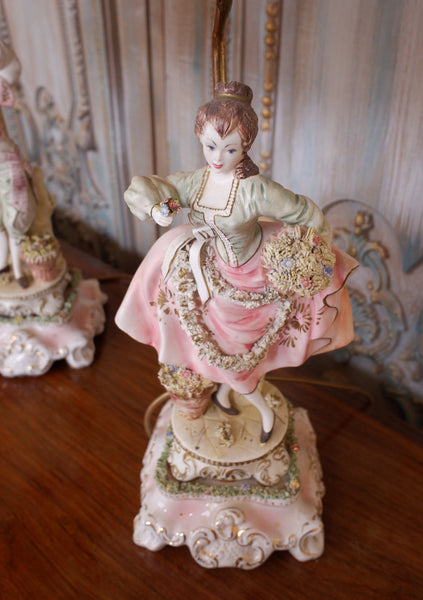 Pair of Vintage Louis XV PORCELAIN China Italian Ornate Figures Table Lamps