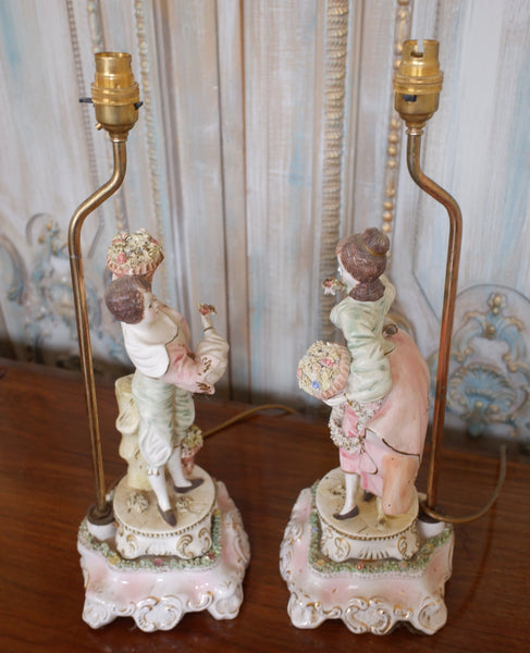 Pair of Vintage Louis XV PORCELAIN China Italian Ornate Figures Table Lamps