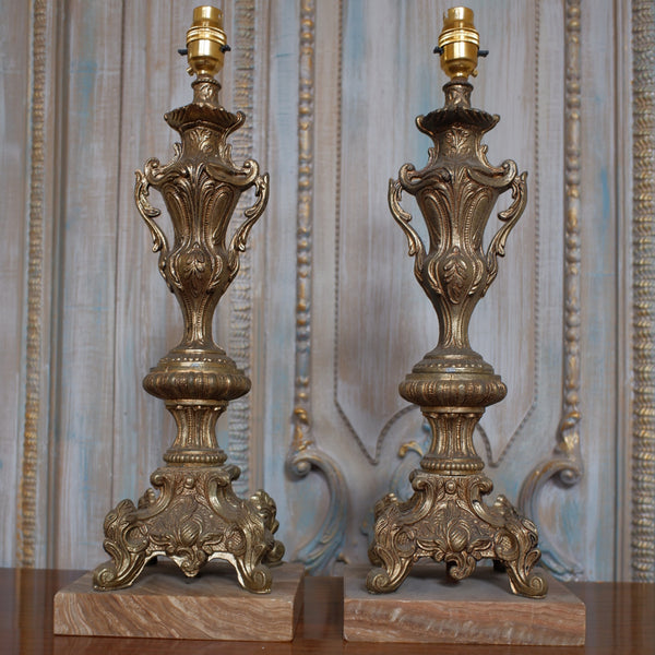 Pair of Vintage French Rustic GOLD Ornate Metal & Marble URN Table Bedside Lamps