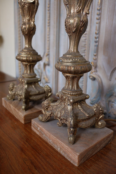 Pair of Vintage French Rustic GOLD Ornate Metal & Marble URN Table Bedside Lamps