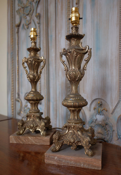 Pair of Vintage French Rustic GOLD Ornate Metal & Marble URN Table Bedside Lamps
