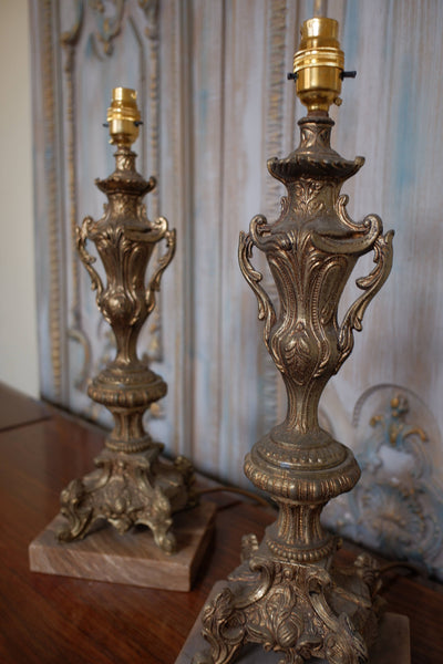 Pair of Vintage French Rustic GOLD Ornate Metal & Marble URN Table Bedside Lamps