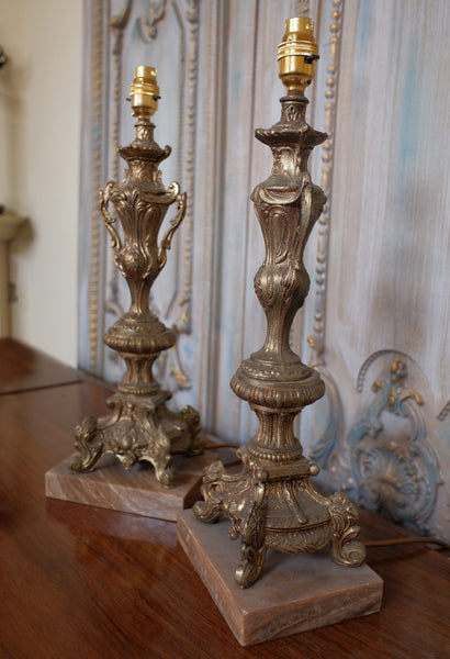 Pair of Vintage French Rustic GOLD Ornate Metal & Marble URN Table Bedside Lamps