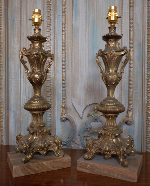 Pair of Vintage French Rustic GOLD Ornate Metal & Marble URN Table Bedside Lamps