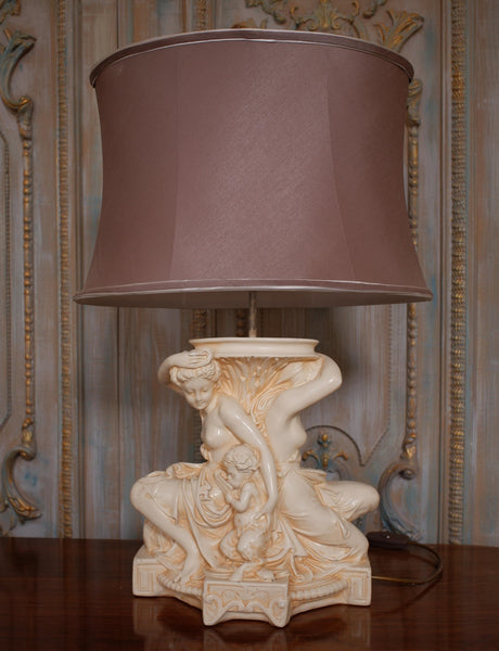Vintage Mother & Child Cream Figures Ornate Plaster Table Bedside Lamp & Shade
