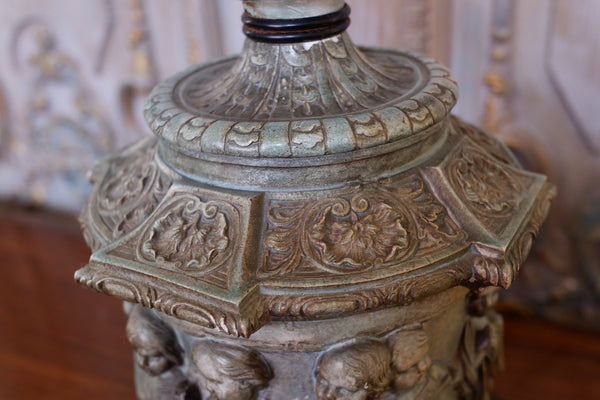 Vintage French CHURCH Figures Rustic Blue Green COLUMN Tall Table Bedside Lamp