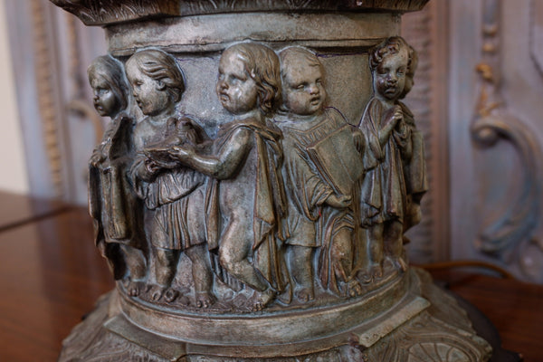 Vintage French CHURCH Figures Rustic Blue Green COLUMN Tall Table Bedside Lamp