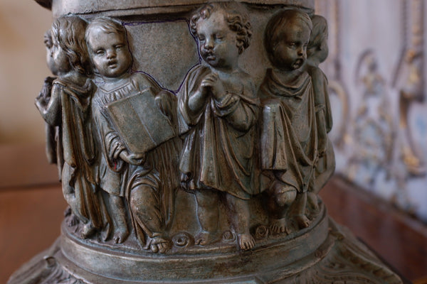 Vintage French CHURCH Figures Rustic Blue Green COLUMN Tall Table Bedside Lamp