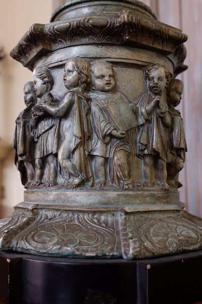 Vintage French CHURCH Figures Rustic Blue Green COLUMN Tall Table Bedside Lamp