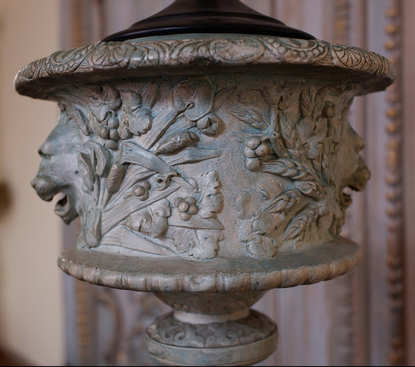 Vintage French CHURCH Figures Rustic Blue Green COLUMN Tall Table Bedside Lamp