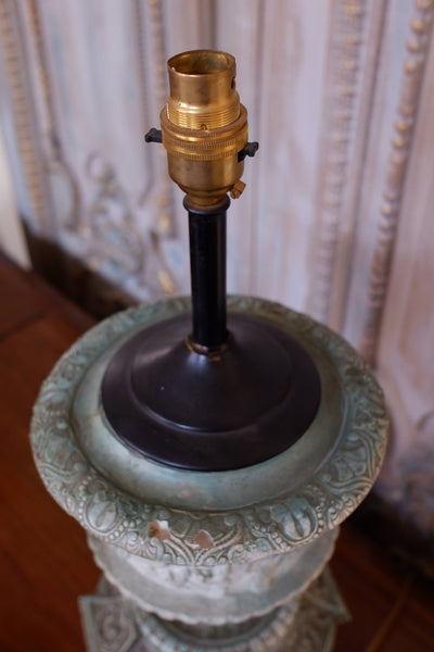 Vintage French CHURCH Figures Rustic Blue Green COLUMN Tall Table Bedside Lamp