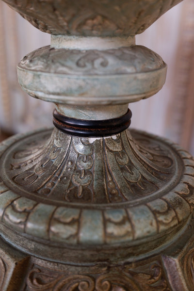 Vintage French CHURCH Figures Rustic Blue Green COLUMN Tall Table Bedside Lamp