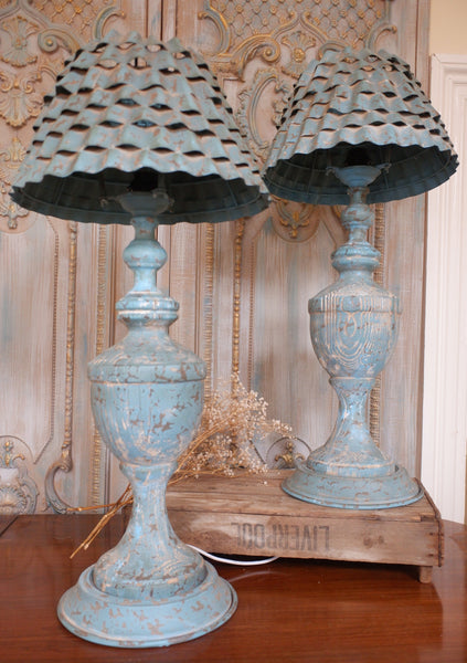 New Vintage FRENCH Shabby Chic Tall Wood & Metal Teal Blue Table Lamp