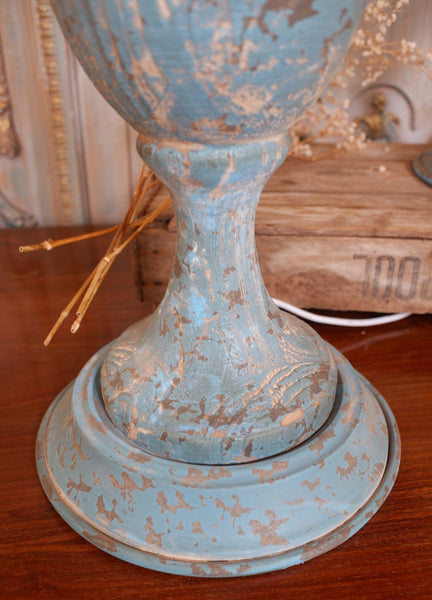 New Vintage FRENCH Shabby Chic Tall Wood & Metal Teal Blue Table Lamp