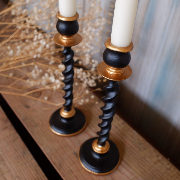 New Vintage French Shabby Chic Black & Gold Barley Twist Candle Stick Holder