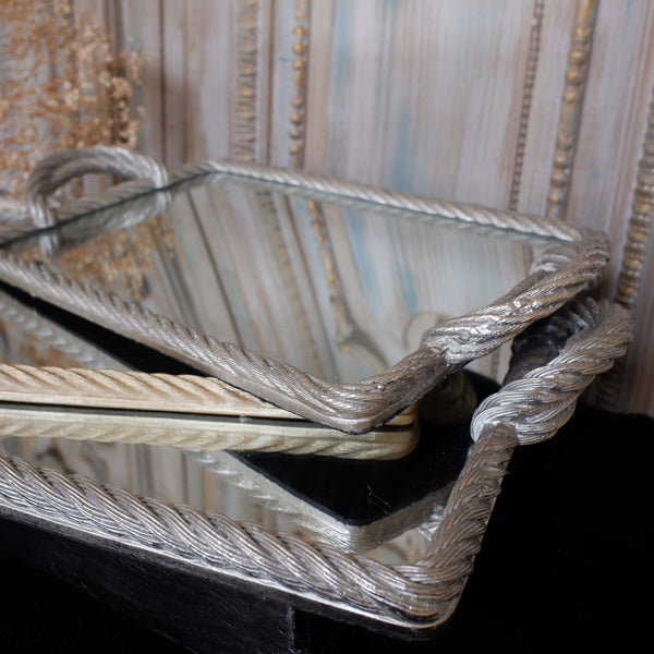 Silver Gold ROPE Style Mirrored Tray w/Handles Large/Small