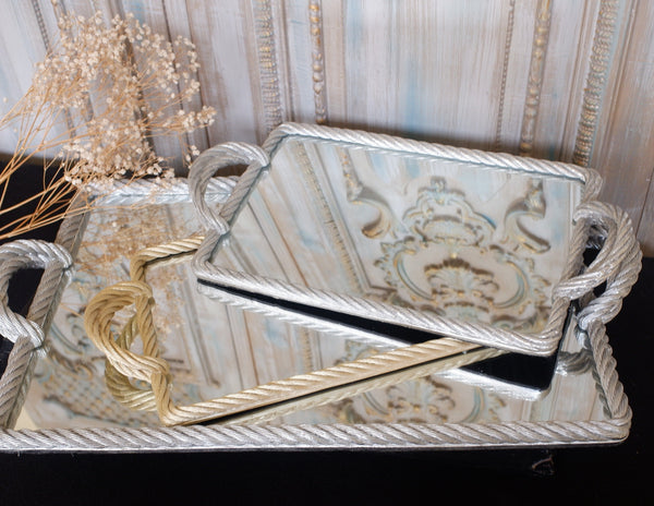 Silver Gold ROPE Style Mirrored Tray w/Handles Large/Small