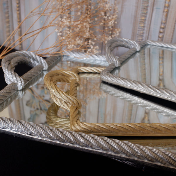 Silver Gold ROPE Style Mirrored Tray w/Handles Large/Small