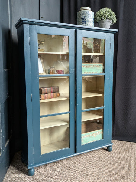 Antique Mahogany BLUE Shabby Chic Display China APOTHECARY Cabinet Cupboard Unit