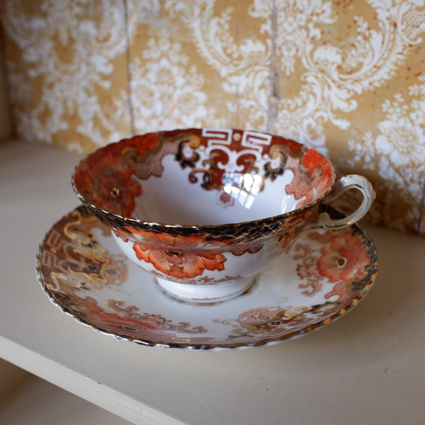 Vintage Porcelain English Tea Coffee Cup & Saucer - Orange Tones
